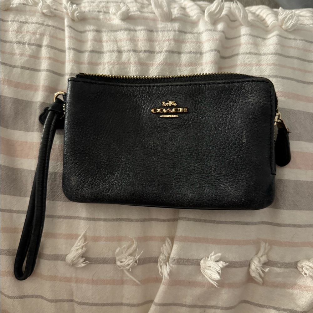 Coach Black Leather Zip Wristlet with Gold Logo